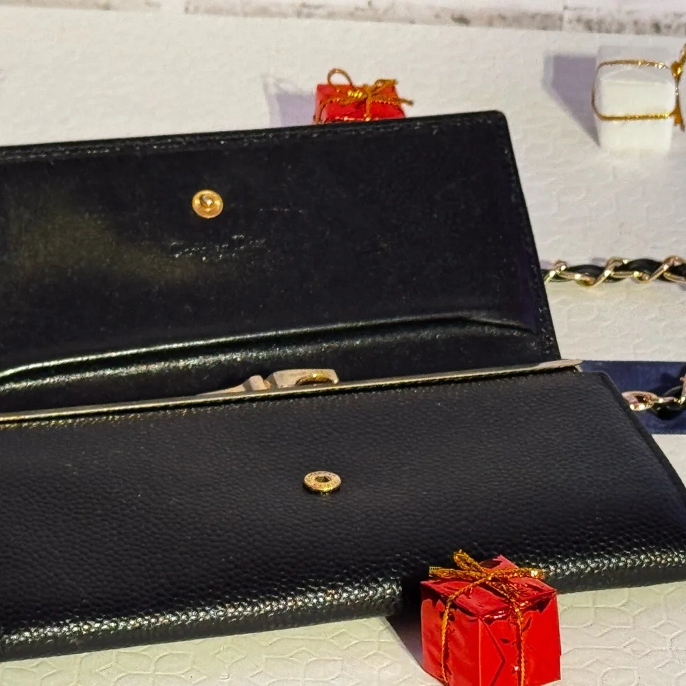 Vintage Christian Dior Black Leather Long Kiss Lock Wallet w Chain & Box